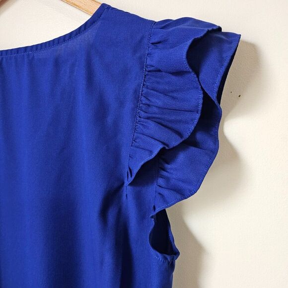 EUC STACCATO ELECTRIC BLUE V NECK FLUTTER SLEEVES SHORT DRESS SZ LARGE - Picture 7 of 15